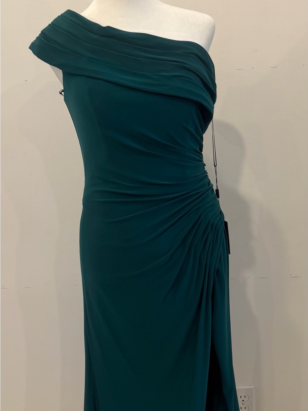 One-Shoulder Teal Ruched Evening Dress